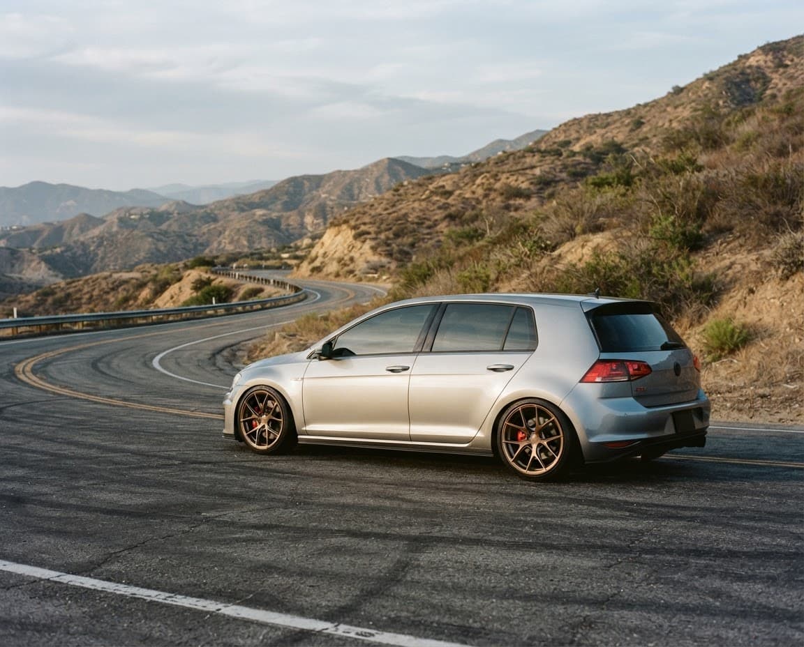 Volkswagen Golf GTI MK8 on an open scenic mountain road